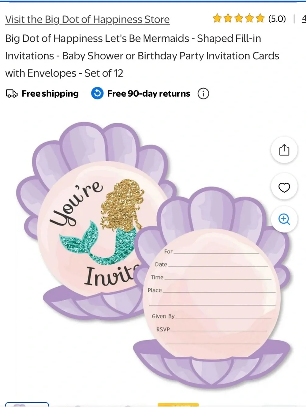 Lavender Mermaid Shell Invitations - 24 Pack